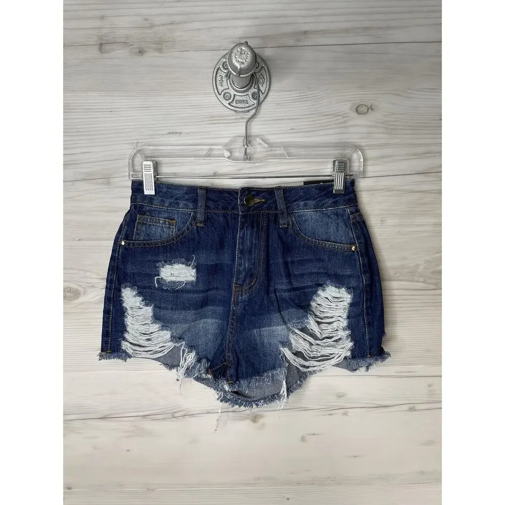 Fashion Nova Shorts Womens Small Dark Denim Distressed Frayed High‎ Rise Cutoff